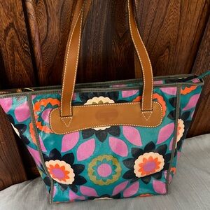 Fossil Coated Canvas Tote Bag/Purse, Brown Leather Trim, Floral Print, excellent